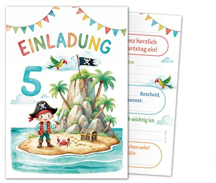 Junaversum 12 Einladungskarten zum 5. Kindergeburtstag Pirat Mädchen Jungen Kinder coole bunte Einladungen fünfte Geburtstag Geburtstagseinladungen Kids