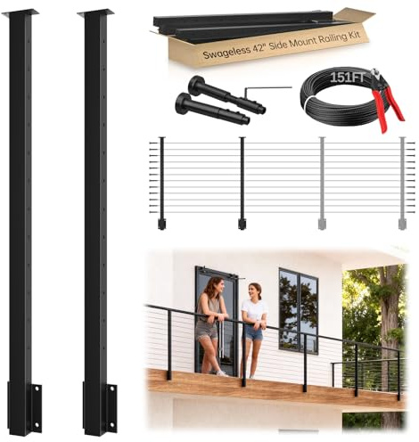 Gyykzz 4-12FT Swageless Black Side Mount Cable Railing Kit 42 Inch 2 Level Post Kit Space-Saving Cable Railing System for Decks Length Adjustable Easy DIY Fascia Mount Railing Kit with Patent Terminal