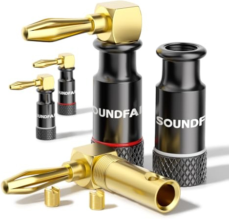SOUNDFAM 90-Grad Bananenstecker 24k Vergoldet für Lautsprecherkabel - 4 Stück (2 Paare) - Premium Audio Bananenstecker für DIY Projekte