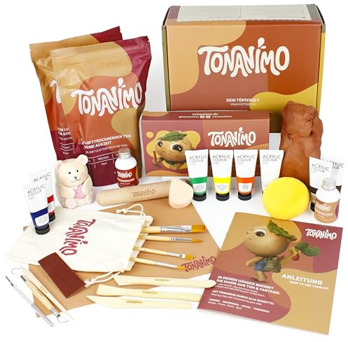 TONANIMO Dein Töpferset für Zuhause – DIY Set mit 2 kg lufttrocknendem Ton & Anleitung | Kreativ Set für Erwachsene & die ganze Familie – kein Brennofen nötig | Geschenkidee für unvergessliche Momente