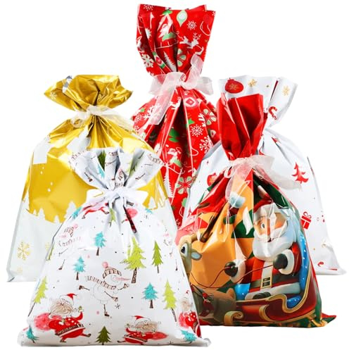 5 Stück Weihnachtstüten groß, Wiederverwendbar Weihnachten Geschenkbeutel, Weihnachtsgeschenkbeutel für Kinder Verpacken, Geschenktüten Bunt Foile (39x51cm & 44x57cm)