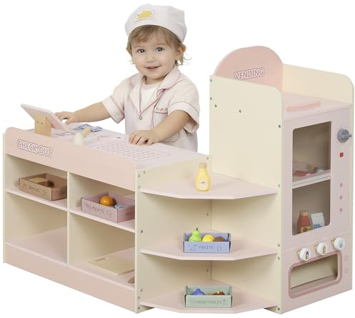AIYAPLAY Supermarché pour Enfant, marchande en Bois avec Caisse enregistreuse, Distributeur Automatique, étagères et Accessoires Alimentaires, Jeu d'épicerie pour Enfants de 3 Ans et Plus, Rose