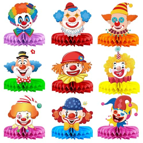 GWAWG Clown - Decorazione da tavolo a forma di pagliaccio, 9 pezzi, decorazione da tavolo per carnevale, feste a tema circo, decorazione di carnevale, Carnevale, motivo a nido d'ape 3D