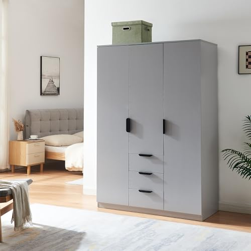 [en.casa] Kleiderschrank Eiselfing Schrank mit 3 Türen Garderobenschrank 176 x 120 x 52 cm Schlafzimmerschrank 2 Kleiderstangen 4 Fächer 3 Schubladen Grau