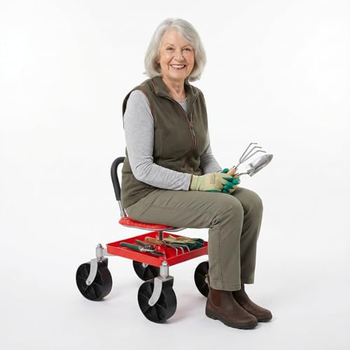 fiakoais Gardening Rolling Seat, Height Adjustable Rolling Garden Cart, 360 Degree Swivel Gardening Stool, Mobile Work Seat with Tool Tray, Wheeled Garden Seat for Elderly Seniors (Red)