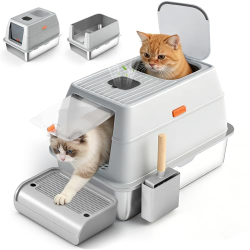Arenero Acero Inoxidable Gatos, Arenero Gato XL Cerrada con Doble Entrada, Cat Litter Box con Alfombrilla Anti-Tracking, Arenero Grande con Pala y Soporte para Varios Gatos