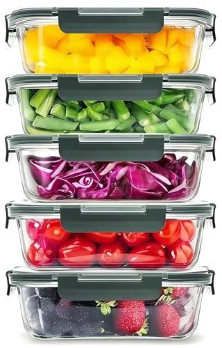 AmzDaKai 5-Packs Glass Food Containers with Lids, 36oz/1040ml Meal Prep Containers for Lunch, Food Storage Containers with Lids, Airtight/Borosilicate Glass, Oven/Freezer/Microwave Safe, Black
