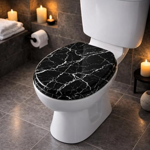 Yorkshire Homeware 18 Wooden Toilet Seats | MDF Wood Oval Toilet Seats with Bottom Fixings | Toilet Seat with Quick Close with Adjustable Hinges (Marble Effect Toilet Seat Black)