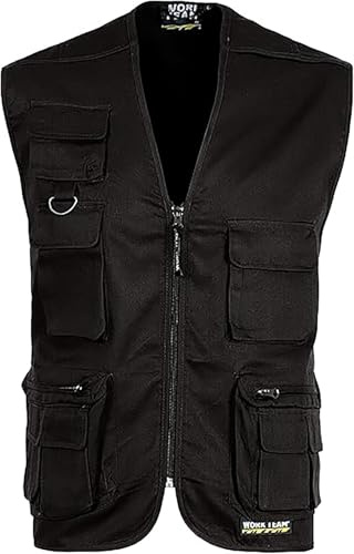 WORKTEAM Chaleco Safari Multibolsillos, Chaleco con Cremallera y Bolsillos Funcionales, Escote Pico, Unisex Negro L