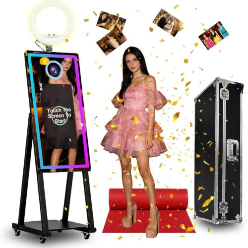 Magic Mirror Photo Booth con touch screen da 21,5 pollici, macchina fotografica portatile con luce di riempimento a LED RGB e custodia per matrimoni, feste, eventi (nero, cabina fotografica)