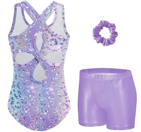 Arshiner Mädchen Gymnastikanzug 3-teilig mit Shorts Cut-out Glitzer | Ärmelloses Turnanzug-Set mit Gymnastiktrikot Shorts und Haargummi als Ballettanzug Tanzbody und Leotard