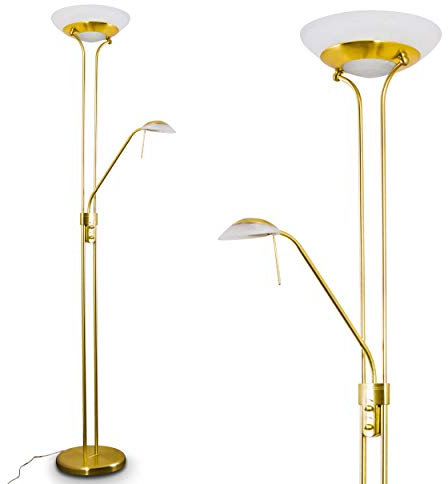 LED Stehlampe Biot, moderne Stehleuchte aus Metall/Glas in Messing, 18 u. 5 Watt, 1620 u. 450 Lumen, Lichtfarbe 3000 Kelvin, Standleuchte mit Dimmer u. verstellbarem Lesearm, mit Fußschalter am Kabel