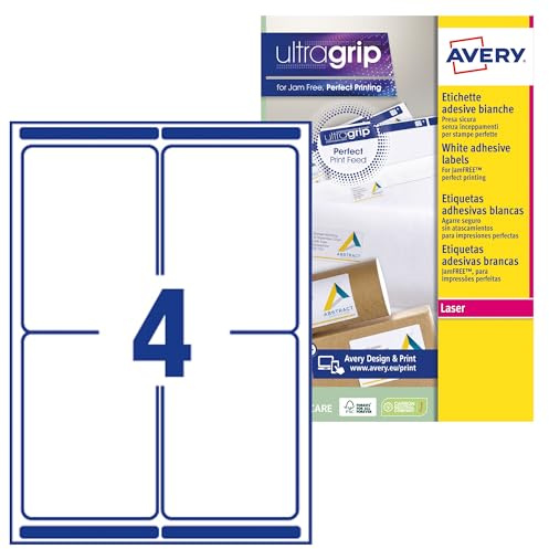 Avery España L7169-15 Etiquetas adhesivas papel blanco, 15 hojas A4, rectangulares 99,1x139mm, 4 etiquetas por hoja, adhesivo permanente, impresoras láser