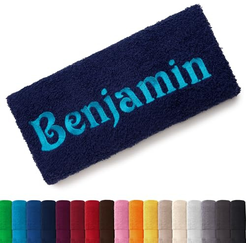 EllaTex Besticken Sie Handtuch mit Namen oder mit Wunschtext Bestickt, Farbe:Dunkelblau; Größe:Saunatuch XXL 100x200 cm