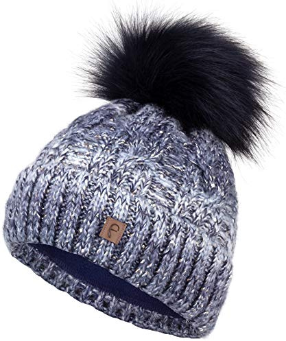 Faera Wintermütze Mütze Damen gefüttert mit Pailletten Bommelmütze Fleecefutter Winter Strickmütze Beanie-Mütze, Farbe:Blau