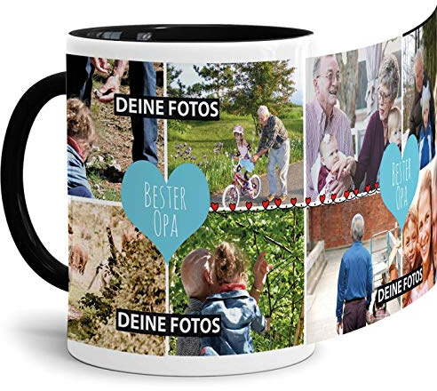 Tassendruck Fototasse mit Spruch - Bester Opa - zum Selbst gestalten mit Foto-Collage für 8 Fotos, Innen & Henkel Schwarz, 300 ml