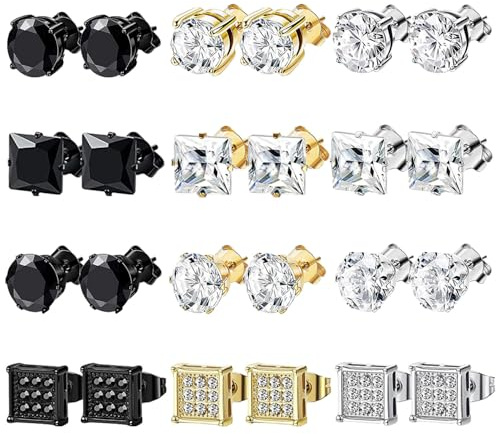 NEWITIN 12 Pairs Stainless Steel Stud Earrings for Men Hypoallergenic Earring Unisex Studs Inlaid Cubic Zirconia Men Earrings Hoop CZ Stud Earring Set for Women