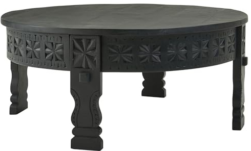 FineBuy Couchtisch Mango Massivholz 80cm rund · Handgeschnitzter Wohnzimmertisch im orientalischen Boho Design · Dunkler Massivholztisch Schwarz