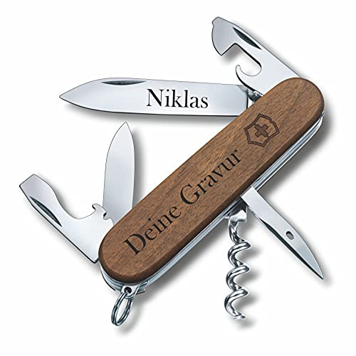 Taschenmesser Spartan Wood aus Holz mit Gravur I Geschenk für Männer Frauen I zum Geburtstag I Schweizer Taschenmesser personalisiert Griff Klinge (Gravur am Griff)