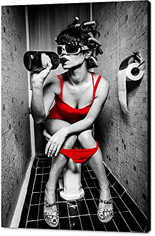 Sexy Frau Wanddekoration Kunstwerk Mädchen raucht auf einer Toilette mit einer Alkoholflasche, moderne Kreativität, roter Druck, Kunstwerk, Badezimmer, Wanddekoration und gerahmt, 61x91 cm (BxH)