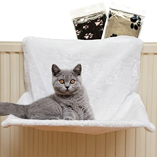 Petopedia Luxury Pet Living Faux Fur Cat Radiator Beds with Cat Blanket | Kitten and Cat Beds for Indoor cats | Raised Radiator Cat Bed | Cat Window Bed with Soft Pet Blanket (Cream)
