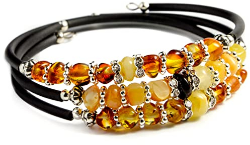 Baltic Amber Stones Bracelet with Rubber Cord, Handmade Gemstone Jewelry for Woman, wrist size 6.3” -7.5” (SNAKE- THREE LAYERS)