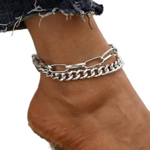 Bramian Thick Chain Anklet Silver Beach Foot Jewelry Adjustable Ankle Bracelets Chain for Women and Girls(2 Pieces)
