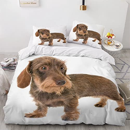 Woowin Parure De Lit 220x240 Adulte Teckel à Poil Dur Housse De Couette 2 Personnes avec Fermeture Éclair 3D Imprimé Animal Literie Doux Microfibre Hypoallergique et 2 Taies D'oreillers