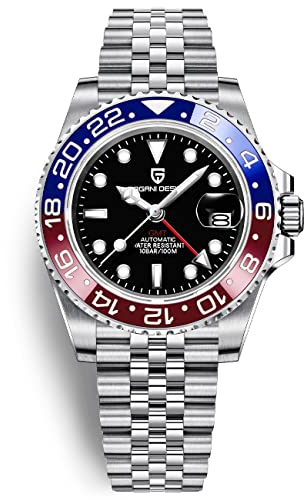 Pagani Design Herrenuhr Automatik Mechanische Uhr GMT Dual-Zeitzone Armbanduhren Edelstahl Zweifarbige Keramiklünette 100M Wasserdicht PD-1662 (5 Blau Rot)