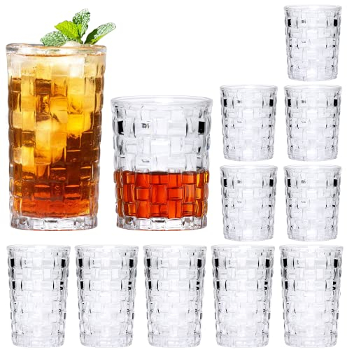 QAPPDA Embossed Drinking Glasses 12 Pack, 11oz & 8oz Old Fashioned Glass