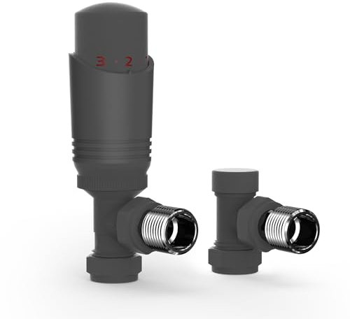 VANCOCO Anthracite Grey Thermostatic Radiator Valves 15mm (TRV) with Lockshield, 1/2×15mm Angled Radiator Thermostat Valve, H62 Brass, Energy Saving Modern TRV for Central Heating Syetem