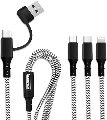 Câble Multi USB A/C Embout - Cable 3 en 1, 5 en 1 de charge 5V/2.4A - USB A ou USB C (Type-C) vers USB-C/Micro USB/Lightning compatible Apple pour iPhone, iPad, Android Samsung etc. (NOIR/BLANC)