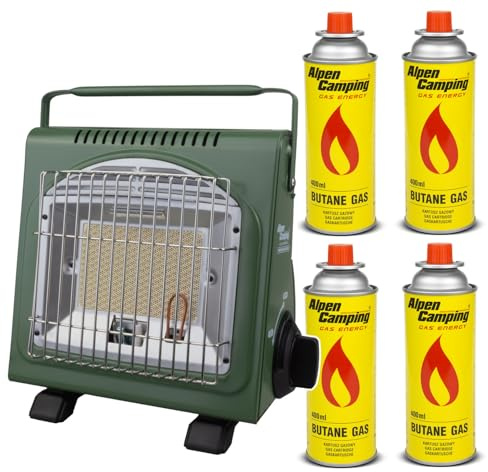 Alpen Camping Gasheizer + 4x 400ml Kartuschen, 1,7kW Heizleistung, sparsamer Gasverbrauch 124g/h, Piezozündung, ideal für Outdoor, Zelt und Gartenhaus, mit Sicherheits-Umkippschutz