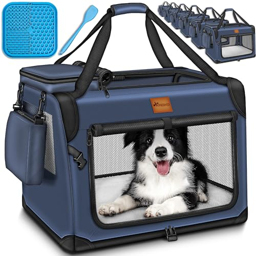 TRESKO® Hundebox faltbar inkl. Leckmatte, Spatel & Reflektoren L 70x52x52cm | Transportbox für Hunde und Katzen | Hundetransportbox Auto für kleine & große Hunde | Hundetasche robust Navyblau