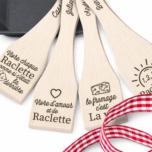 Lot de 4 spatules de raclette avec citation drôle et prénom pérsonnalisé, idée cadeau, hiver