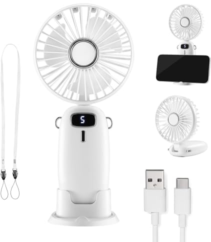 VonHaus Handheld Fan – Mini, Portable, Lightweight, USB Rechargeable, 5 Speeds, 90° Folding, 60cm Lanyard, Phone Stand – Cooling Fan Ideal for Desktop, Home, Office, Travel, Living Room, Bedroom