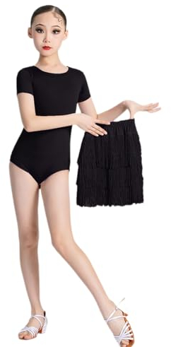 Qodpxxi Kinder Mädchen Tanz Fransenrock Mädchen Gymnastik Ballett Latein Tanzkleidung Kostüm Kurze Ärmel Lagen + Fransenrock 2-teiliges Outfit Wettbewerb Tanzrock
