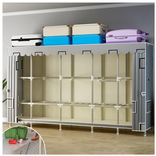 UYSELA Tragbarer Stoffschrank mit 4 Hängestangen und Metallrahmen-Garderobe mit 9 Fächern für Schlafzimmer (Farbe: Grau-2,Größe: 245 x 45 x 170 cm)