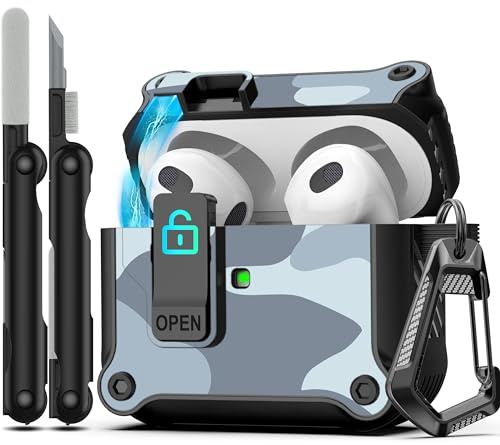 RFUNGUANGO Custodia compatibile con Airpods 3 con kit di pulizia, clip di chiusura sicura, antiurto per tutto il corpo compatibile con custodia AirPod 3 2021,Mimetico grigio chiaro