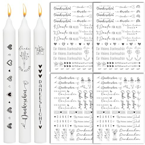 BETESSIN 4x Kerzen Tattoos Folie Danke Kerzentattoos Dankeschön Kerzenfolie Sprüche Sticker Rub on Sticker Erntedankfest Kerzensticker für Stabkerzen Kleine Kerzen DIY Geschenk Schwarz