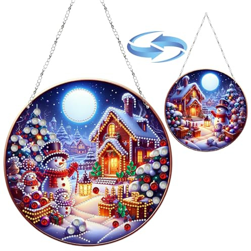 CXINLky DIY Diamond Art Painting Weihnachtsschneemann Anhänger mit Kette, Runder Diamant Art Painting Fensterbilder, Weihnachten Diamond Malerei Wandbehang Kits für Fenster Wand Decor-03