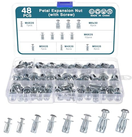 HSEAMALL Set di 48 dadi di espansione Petal con viti, M4 x 20, M5 x 25, M6 x 25, M8 x 30 Jack Nuts Petal Nuts Set viti di espansione, dado di espansione, tasselli per cavità