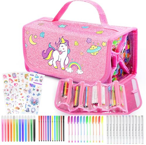 HappyGoLucky Einhorn Mädchen Geschenk 3-10 Jahre – Malset für Kinder Wasserfarbkasten Marker Set – Federmäppchen Mädchen mit 48 Stifte & 6 Stickerkarten - Wasserdicht & Leicht zu Reinigen (Einhorn)