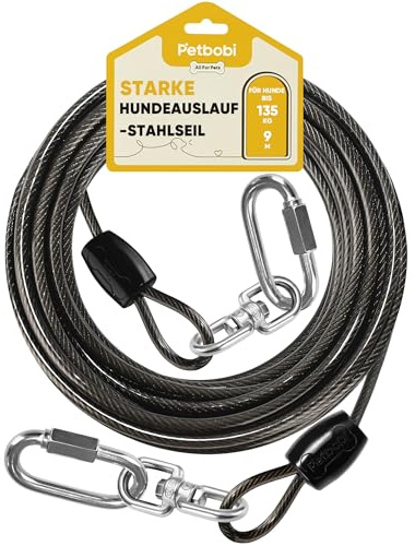 Petbobi Hofleine für Hunde 9m - Kausichere Hundeleine für Garten & Camping, 6mm Verstärktes Stahlkabel mit 304 Edelstahl Karabiner, Bruchfeste Schleppleine für Mittlere bis Große Hunde, Schwarz
