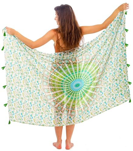 Pareo Boho Chic - Pareo Mandala - Cubrebaño - Vestido de Playa - Envoltura, Color Turquesa Pavo Real, Talla única.
