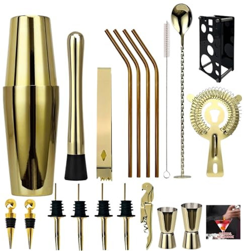 RLVYTA Cocteleras 20 Piezas coctelera Boston Negra/Oro Rosa/Plata, Juego de coctelera, Herramientas de Bar, Soporte para Receta de cóctel Accesorios para Barra(Gold1)