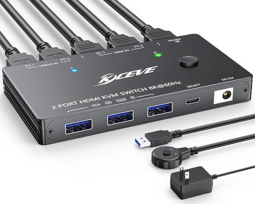 KCEVE Commutateur KVM HDMI 2.1 8K @ 60Hz 4K @ 120Hz, commutateur KVM pour 2 ordinateurs partageant 1 moniteur et 3 périphériques USB 3.0, HDCP 2.3, HDR 10, avec télécommande filaire et câbles USB 3.0