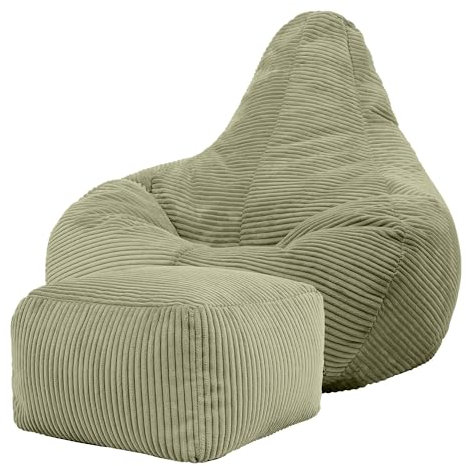 icon Dalton - Pouf reclinabile con poggiapiedi, grande poltrona a sacco per adulti con imbottitura inclusa, comoda sedia, arredamento per soggiorno, camera da letto, colore: verde salvia