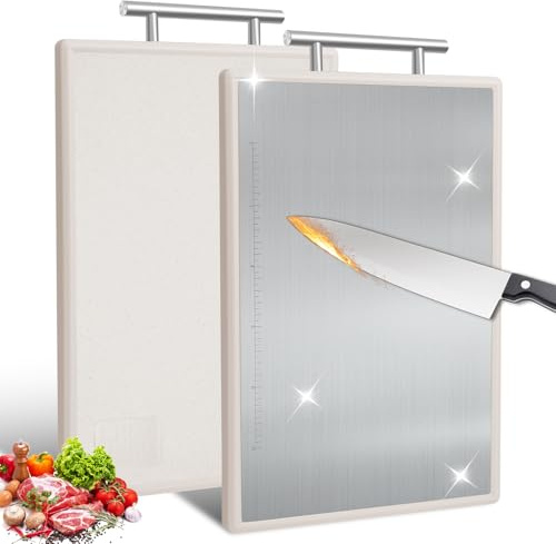 Gucass Tagliere in Titanio, Doppio Tagliere da Cucina Professionale, Taglieri Acciaio Inox Alimentare e Plastica, Scanalatura per il Succo, Uso per Carne, Frutta, Verdura, Antimicrobico(38 x 26cm)