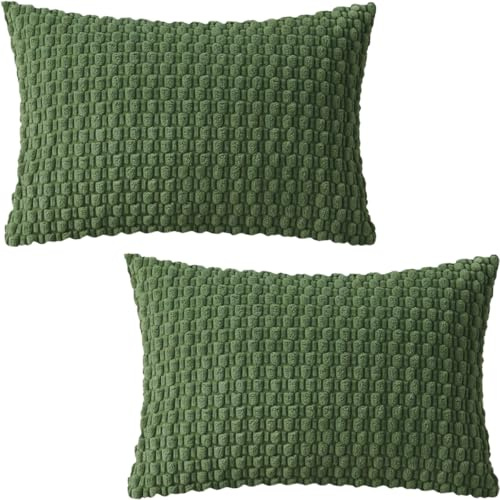Tennove Corduroy Decorative Cushion Covers 30x50cm Set of 2, Olive Green | Boho Stripe Soft Corduroy Throw Cushion Pillow Cases Modern Farmhouse Home Decor for Sofa Couch Bed, No Filling.